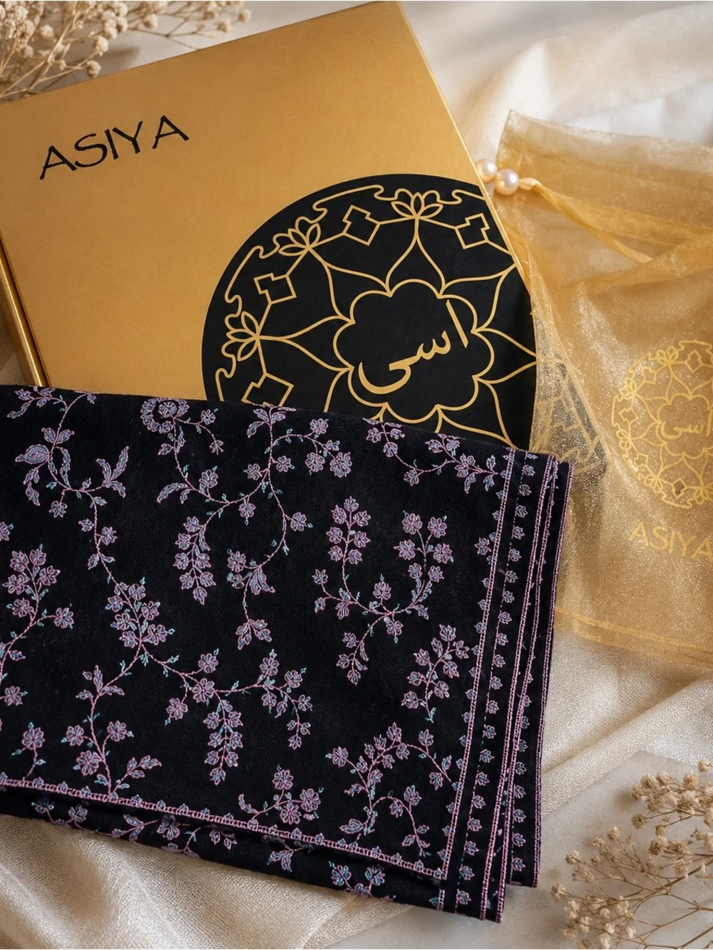 Black Floral Embroidered Scarf